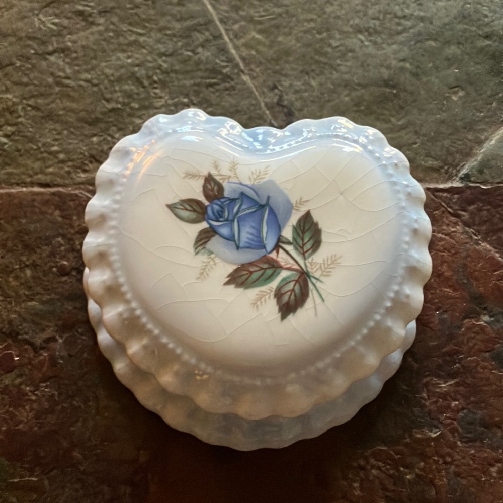 Heart-Shaped Porcelain Trinket Box with Blue Rose and Ruffle Accents - Vintage